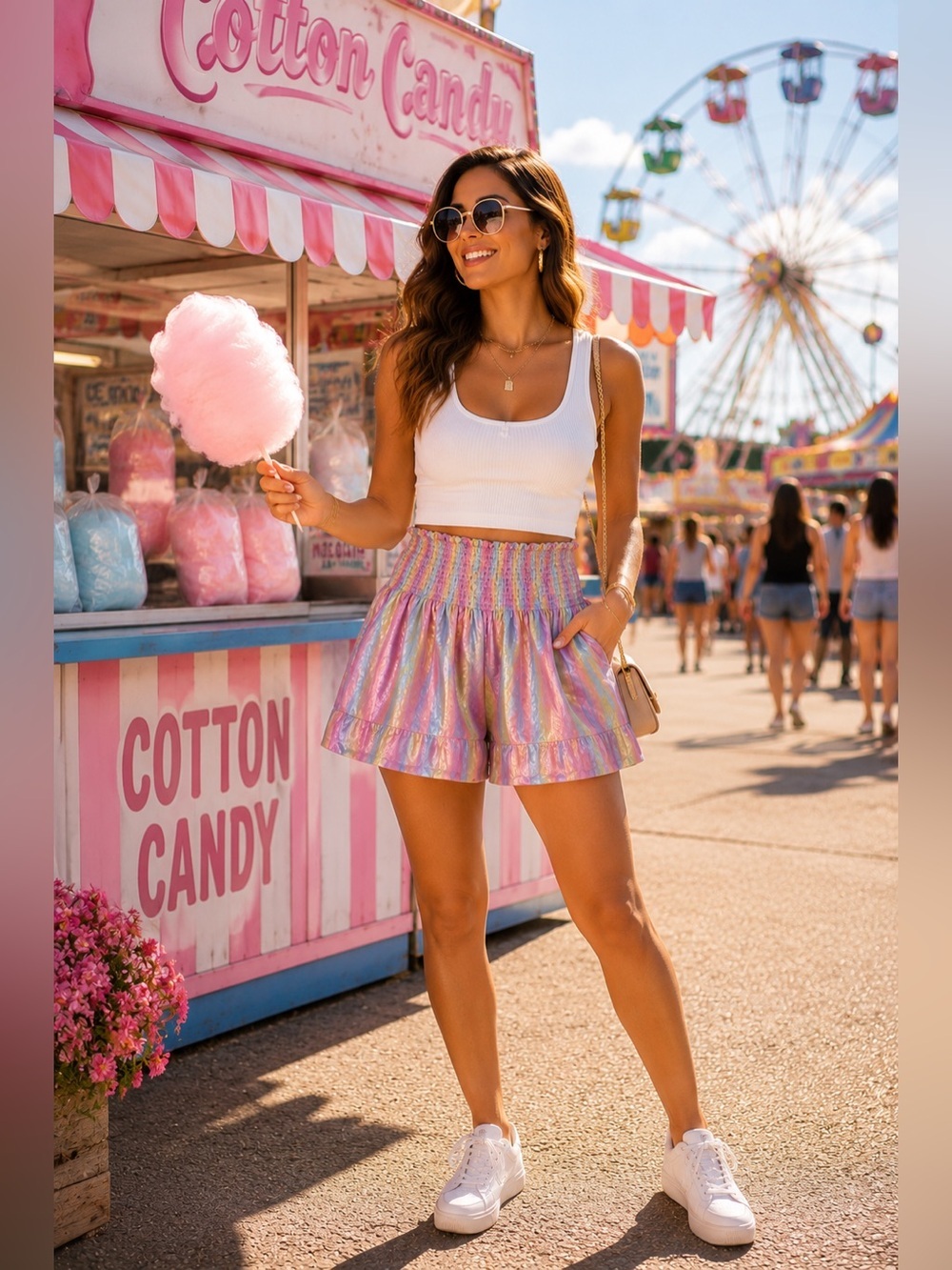 QUEEN OF SPARKLES Pastel Rainbow Metallic Smocked Shorts